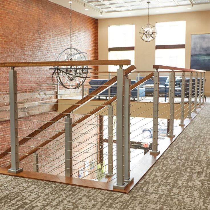 stainless steel cable railing and wooden handrail