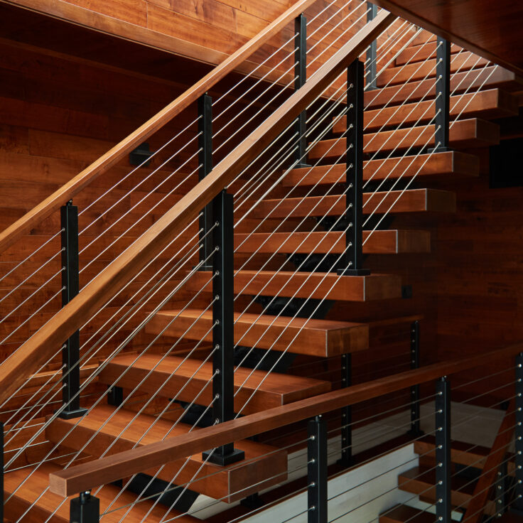 Floating Staircase with Clear Coated Oak Treads and Handrail