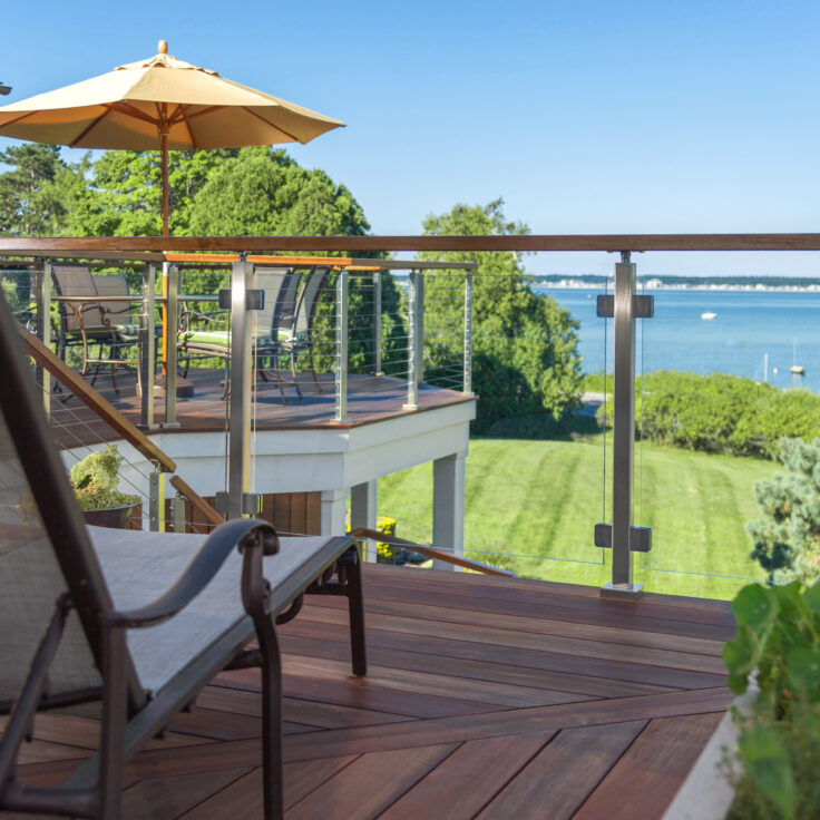 Glass railing deck with a lakeview