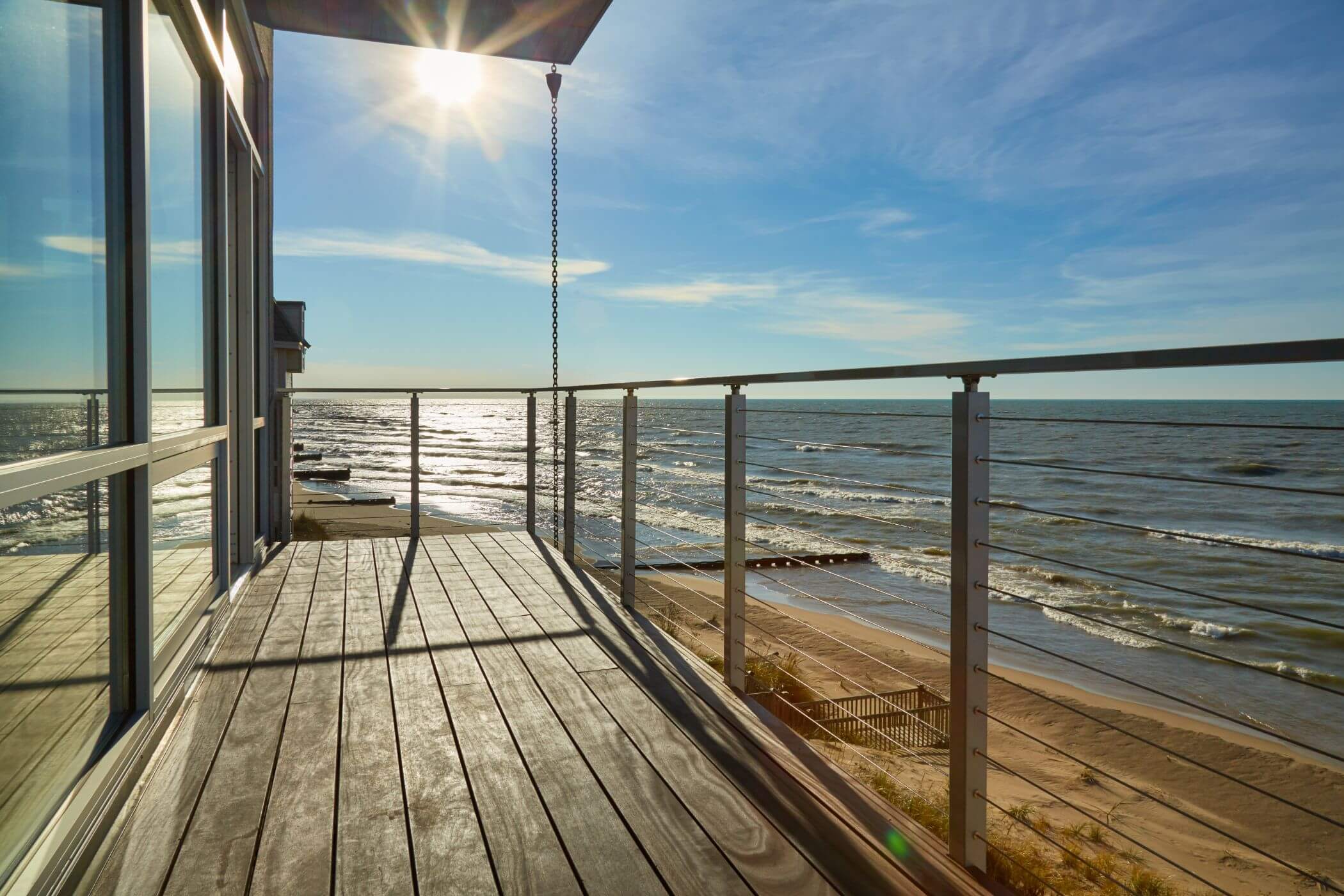 Cable Railing on a sleek, modern deck at Silver Beach in St. Joseph, Michigan.